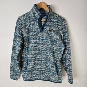 L.L.Bean Women's Sweater Fleece Pullover Teal Gray Print T-Snap Mock Neck Jacket
